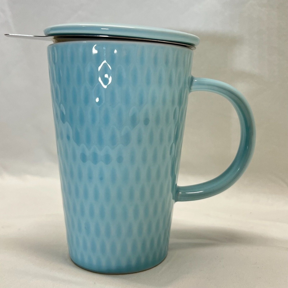 Davids Tea Coffee/Tea Mug Teal Blue Lid & Infuser Ceramic 12 Oz